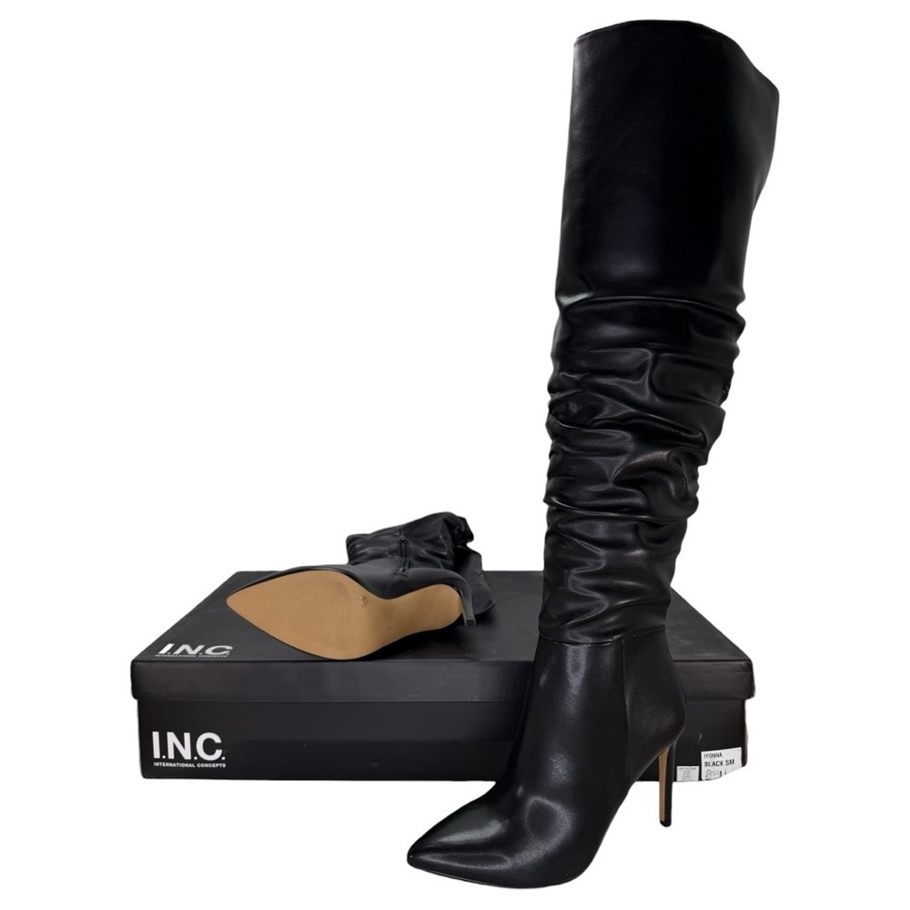 INC Iyonna Black Faux Leather Ruched Shaft OTK Heeled Womens Boots Size 8M - Picture 12 of 12